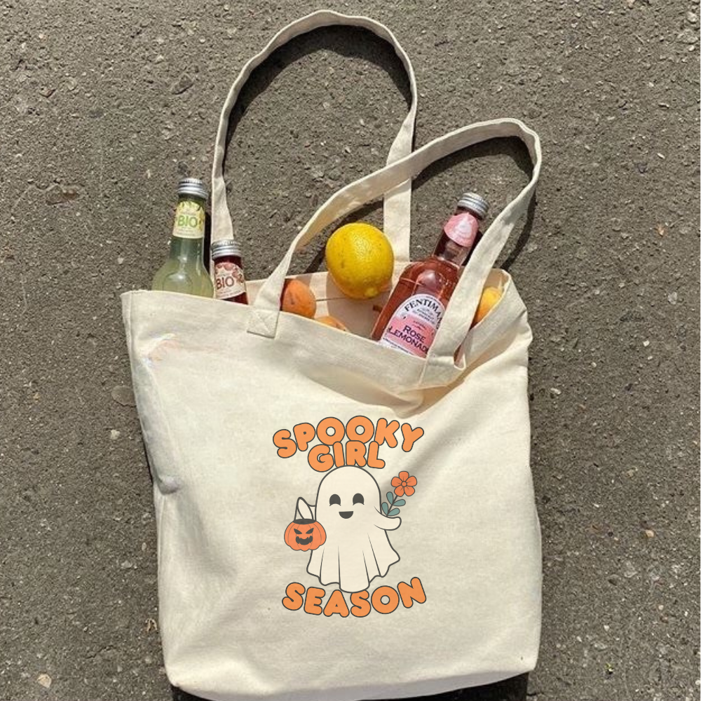Spooky Girl Season Tote Bag with Cute Ghost | Halloween Aesthetic Reusable Bag | Eco Friendly Canvas Tote