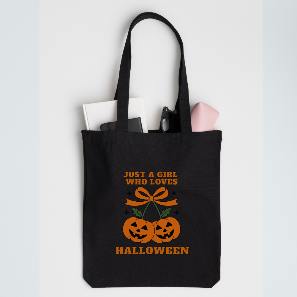 Just a Girl Who Loves Halloween Tote Bag | Coquette Pumpkin Cherries Aesthetic Reusable Bag