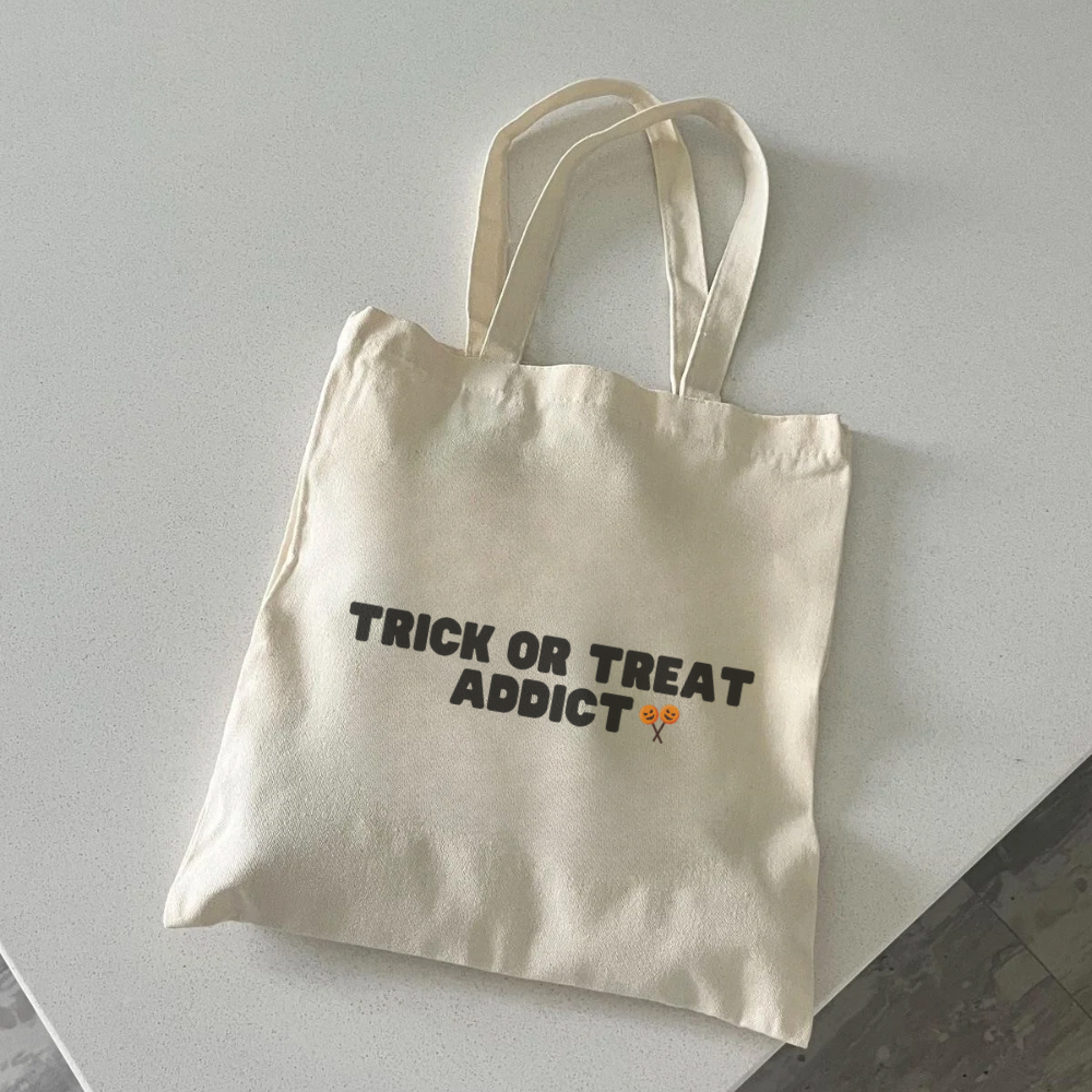 Trick or Treat Addict Tote Bag | Funny Halloween Tote | Cute Spooky Season Bag | Reusable Trick or Treat Candy Tote