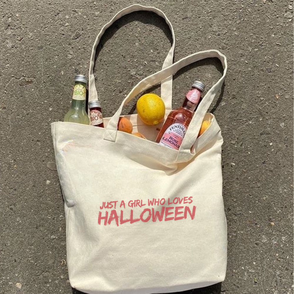 Just a Girl Who Loves Halloween Tote Bag | Cute Halloween Tote | Spooky Aesthetic Bag | Trick or Treat Reusable Tote