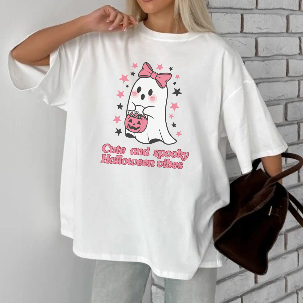 Cute and Spooky Halloween T-Shirt | Girly Ghost Aesthetic Tee | Cute Spooky Season Graphic Shirt for Trick or Treat