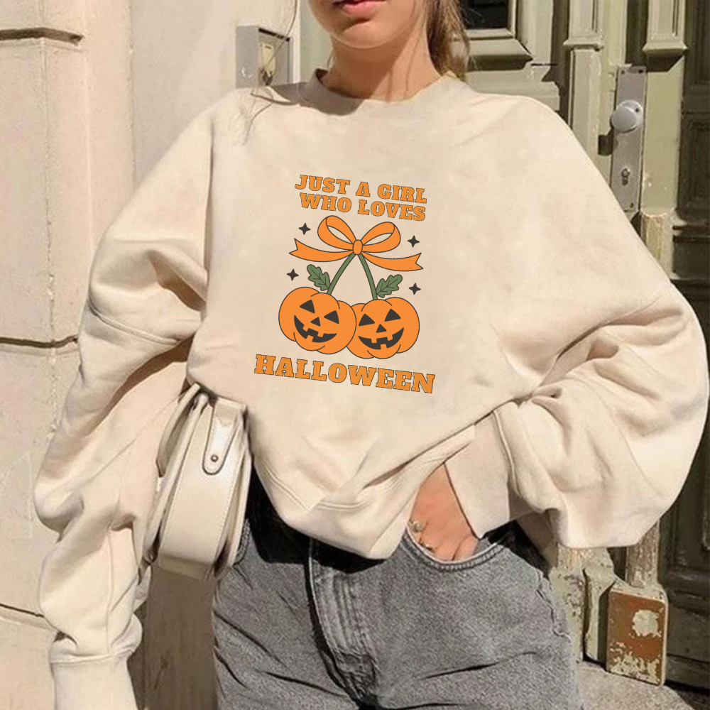 Just a Girl Who Loves Halloween Sweatshirt | Coquette Pumpkin Cherries Aesthetic Spooky Fall Pullover