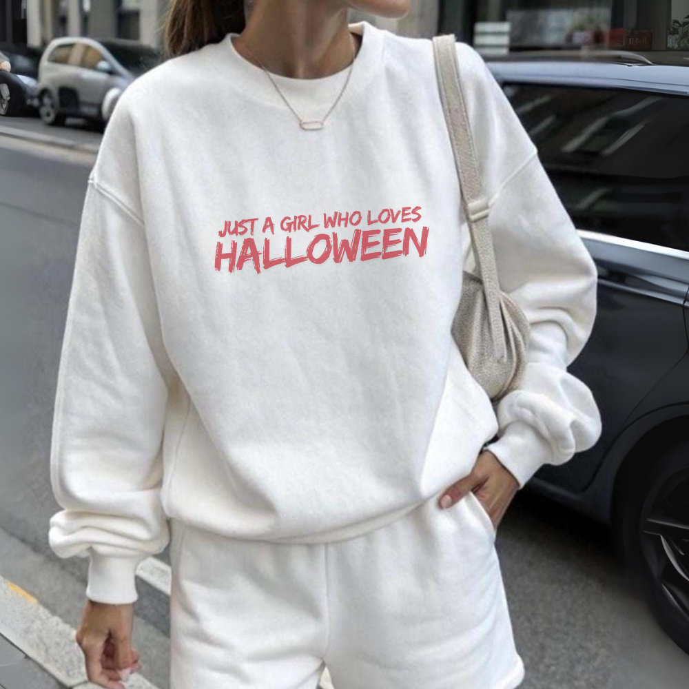 Just a Girl Who Loves Halloween Sweatshirt | Cute Coquette Fall Spooky Season Pullover | Aesthetic Halloween Crewneck for Women