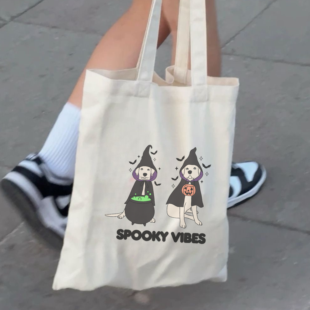 Spooky Vibes Tote Bag | Cute Halloween Dog Tote | Funny Spooky Season Bag | Reusable Trick or Treat Tote