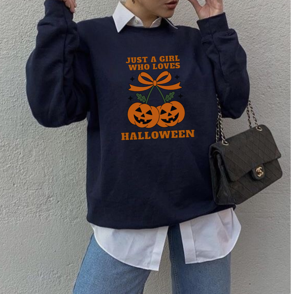 Just a Girl Who Loves Halloween Sweatshirt | Coquette Pumpkin Cherries Aesthetic Spooky Fall Pullover