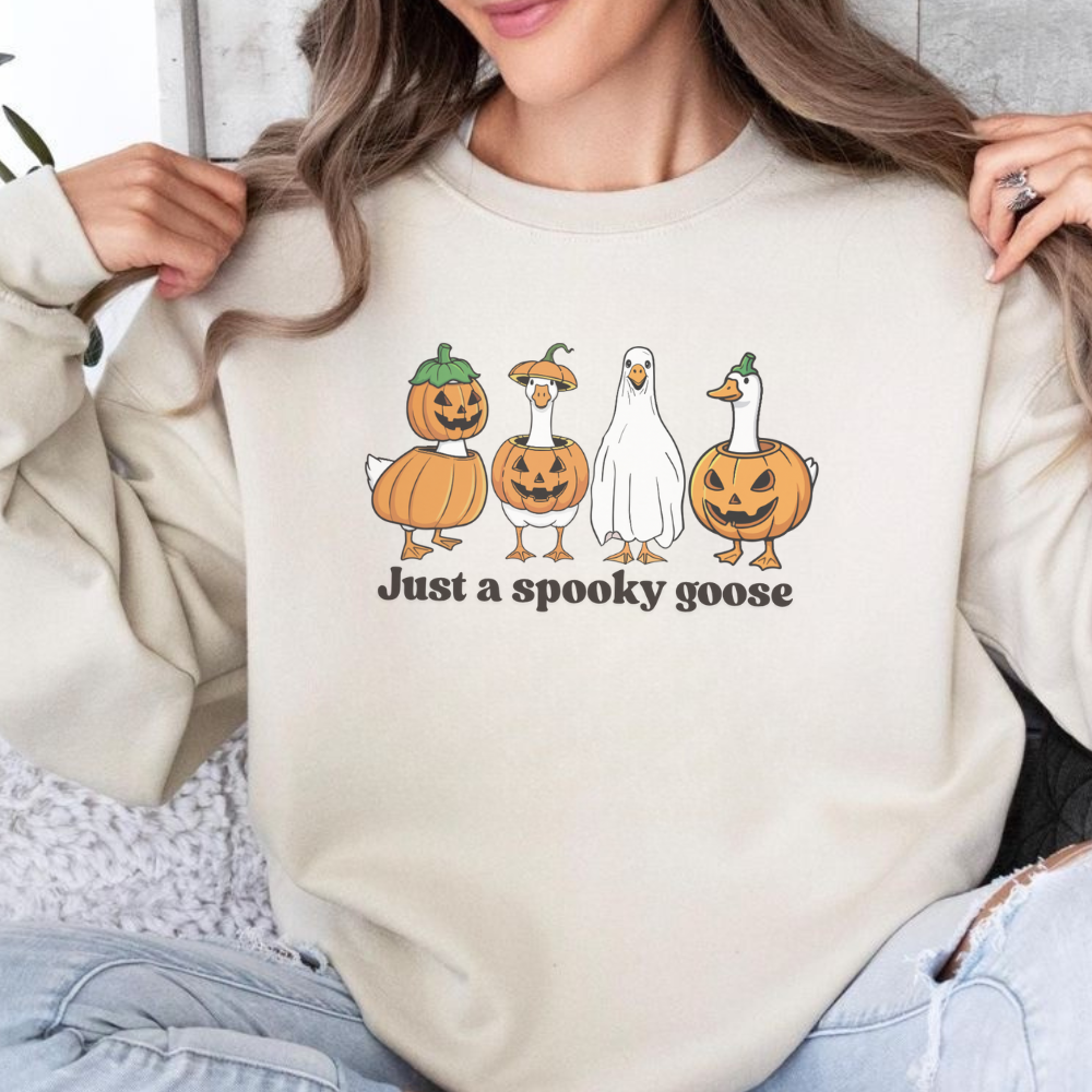 Just a Spooky Goose Sweatshirt | Funny Halloween Goose Crewneck | Cute Ghost Goose Pullover | Spooky Season Fall Aesthetic Sweater
