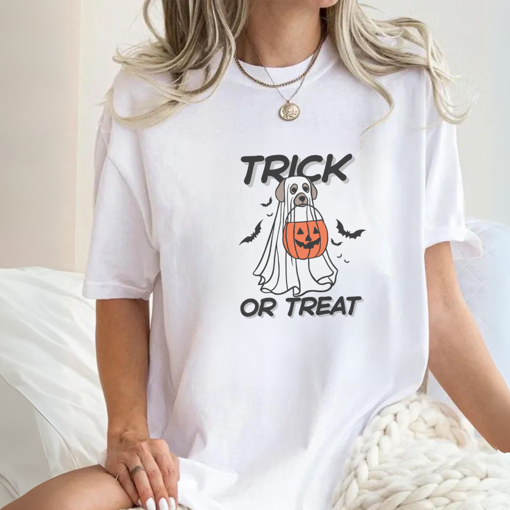 Trick or Treat Ghost Dog T-Shirt | Cute Halloween Dog Tee | Spooky Season Shirt| Trick or Treating Candy Lover Tee