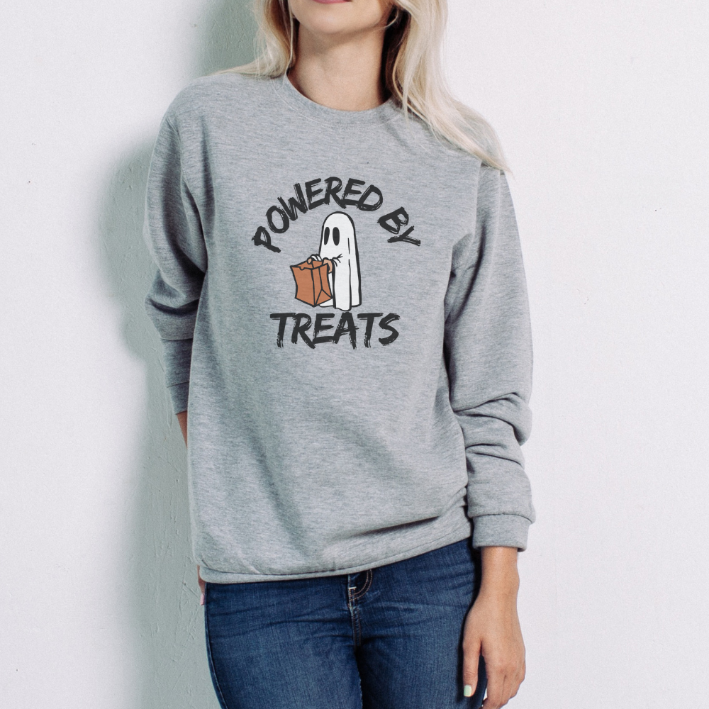 Powered by Treats Halloween Sweatshirt | Cute Ghost Trick or Treating Sweater
