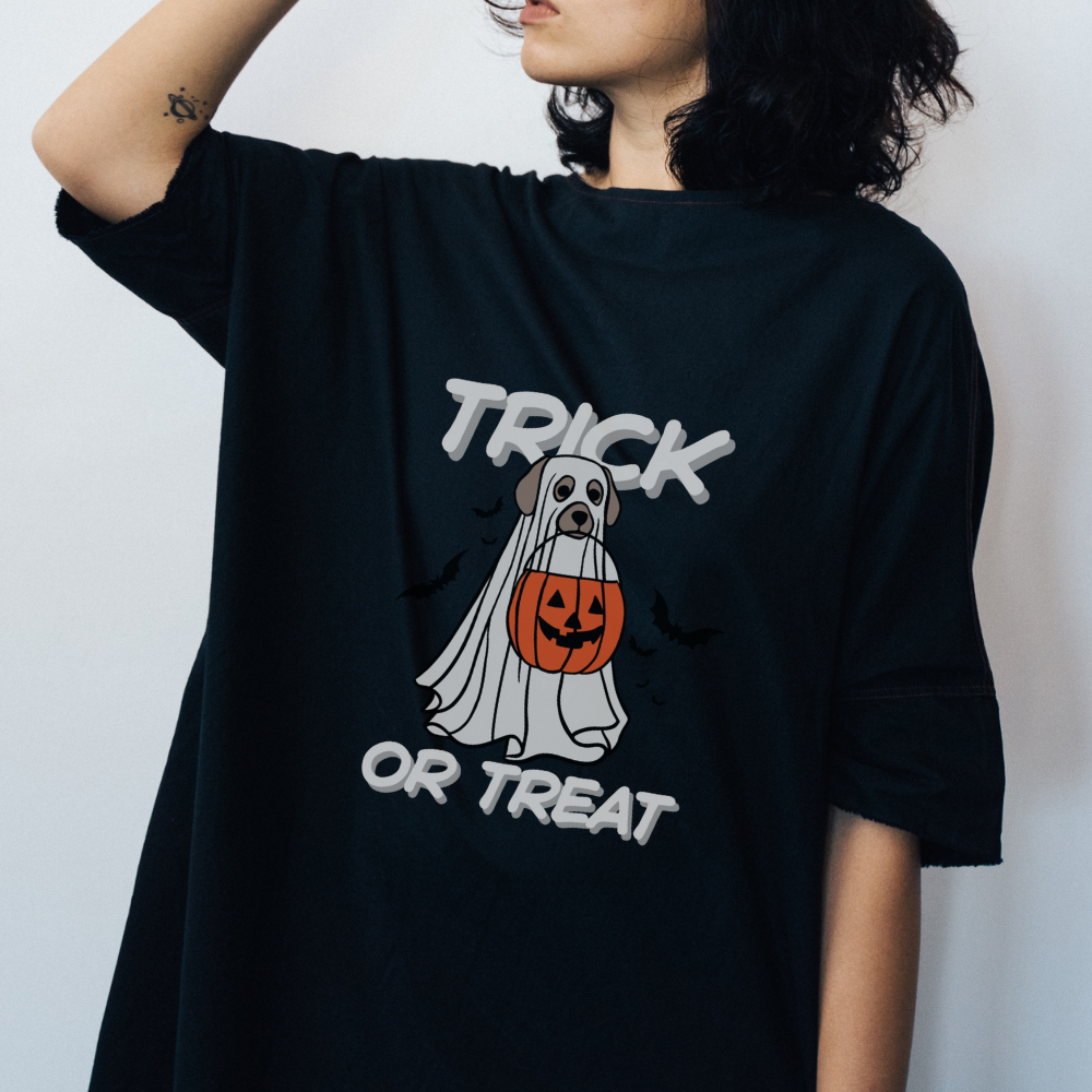 Trick or Treat Ghost Dog T-Shirt | Cute Halloween Dog Tee | Spooky Season Shirt| Trick or Treating Candy Lover Tee