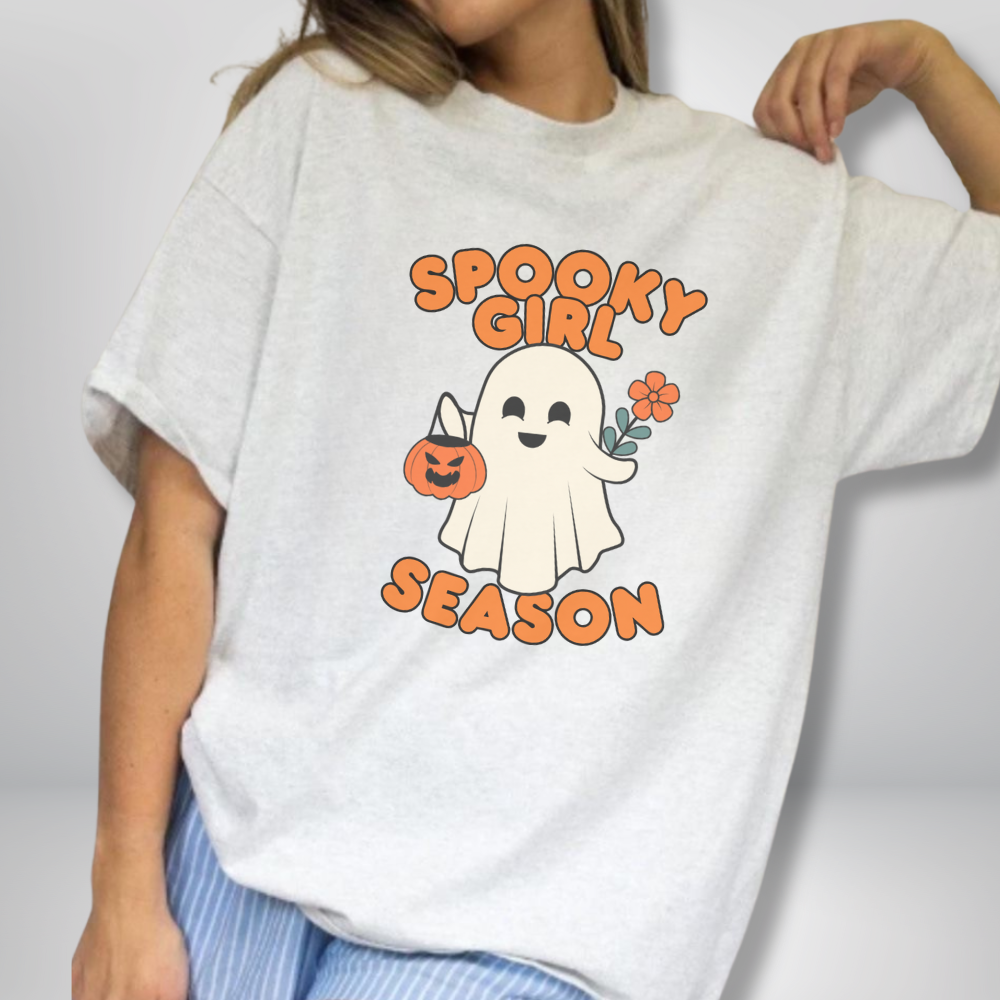 Spooky Girl Season T-Shirt with Cute Ghost | Halloween Graphic Tee | Fall Aesthetic Shirt for Women