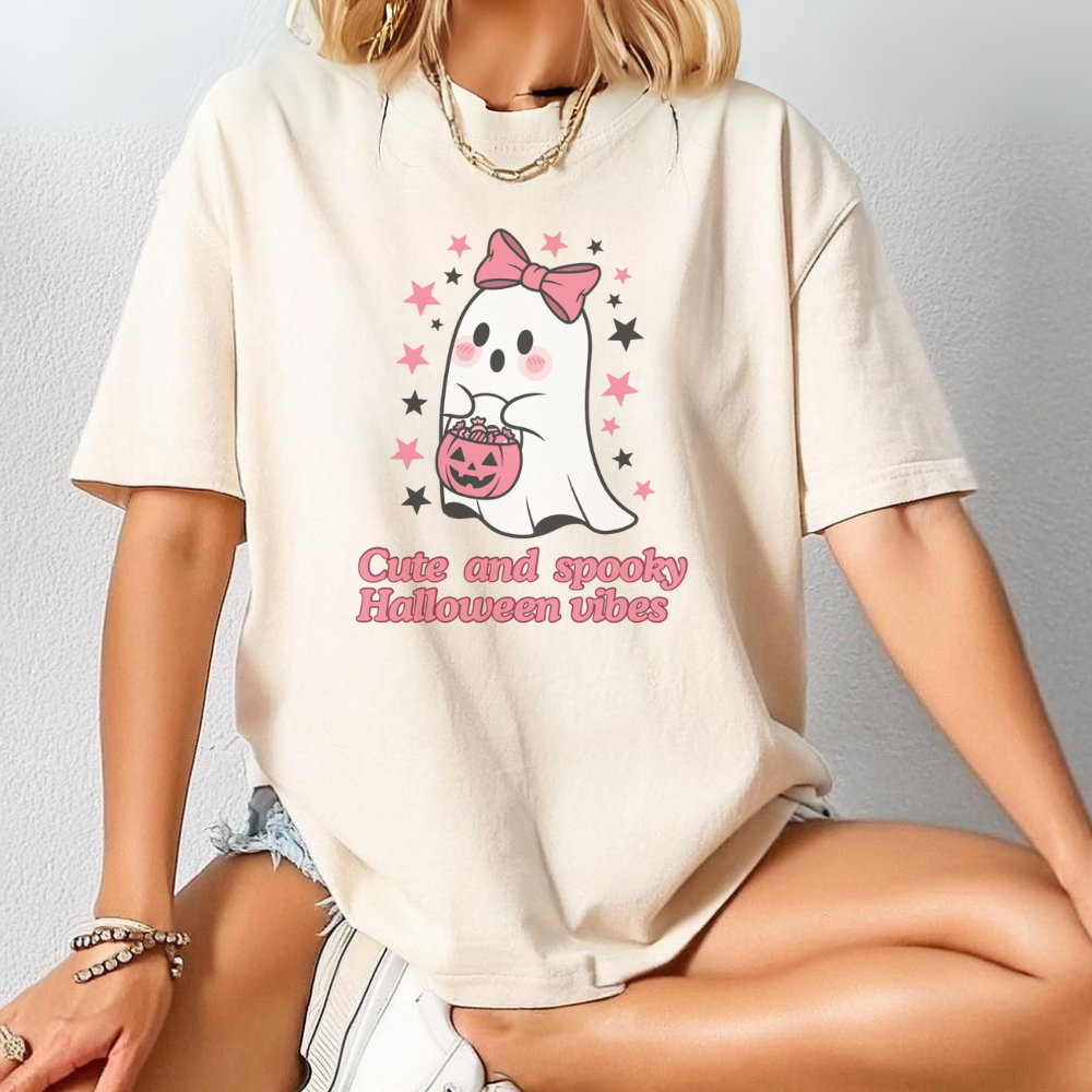 Cute and Spooky Halloween T-Shirt | Girly Ghost Aesthetic Tee | Cute Spooky Season Graphic Shirt for Trick or Treat