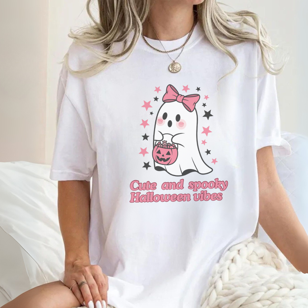 Cute and Spooky Halloween T-Shirt | Girly Ghost Aesthetic Tee | Cute Spooky Season Graphic Shirt for Trick or Treat