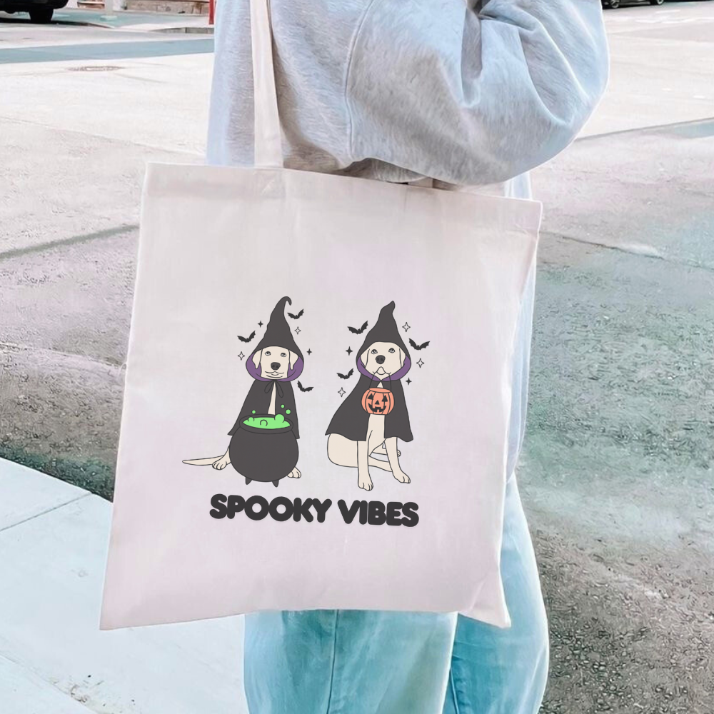 Spooky Vibes Tote Bag | Cute Halloween Dog Tote | Funny Spooky Season Bag | Reusable Trick or Treat Tote