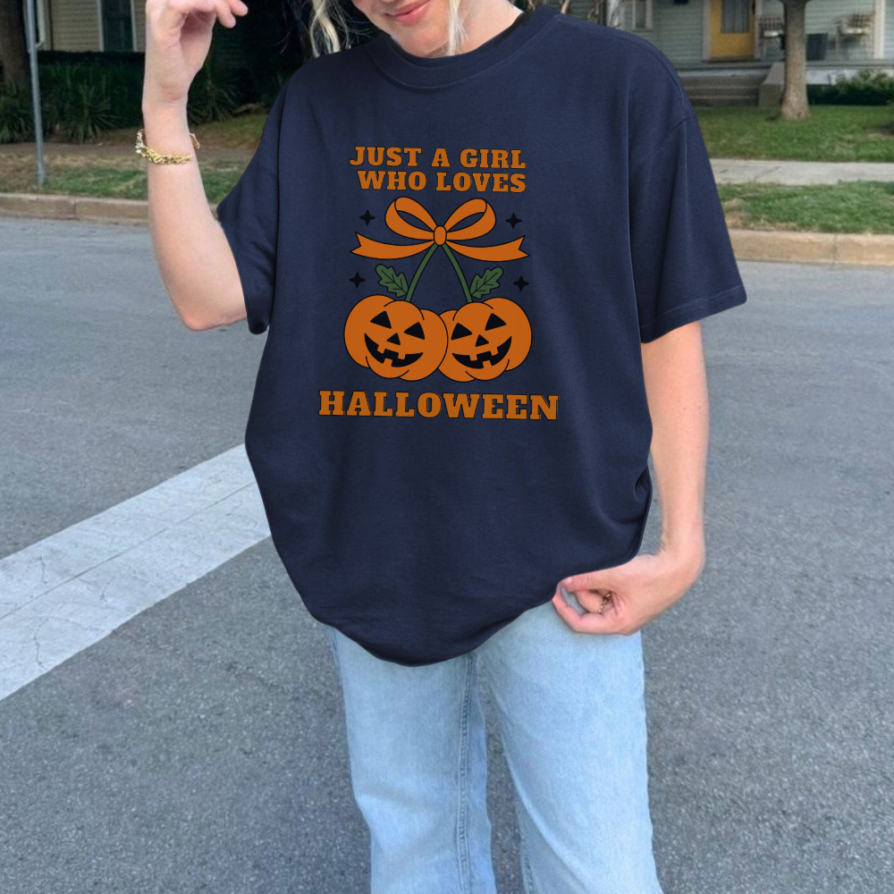Just a Girl Who Loves Halloween T-Shirt | Coquette Pumpkin Cherries Aesthetic Fall Tee