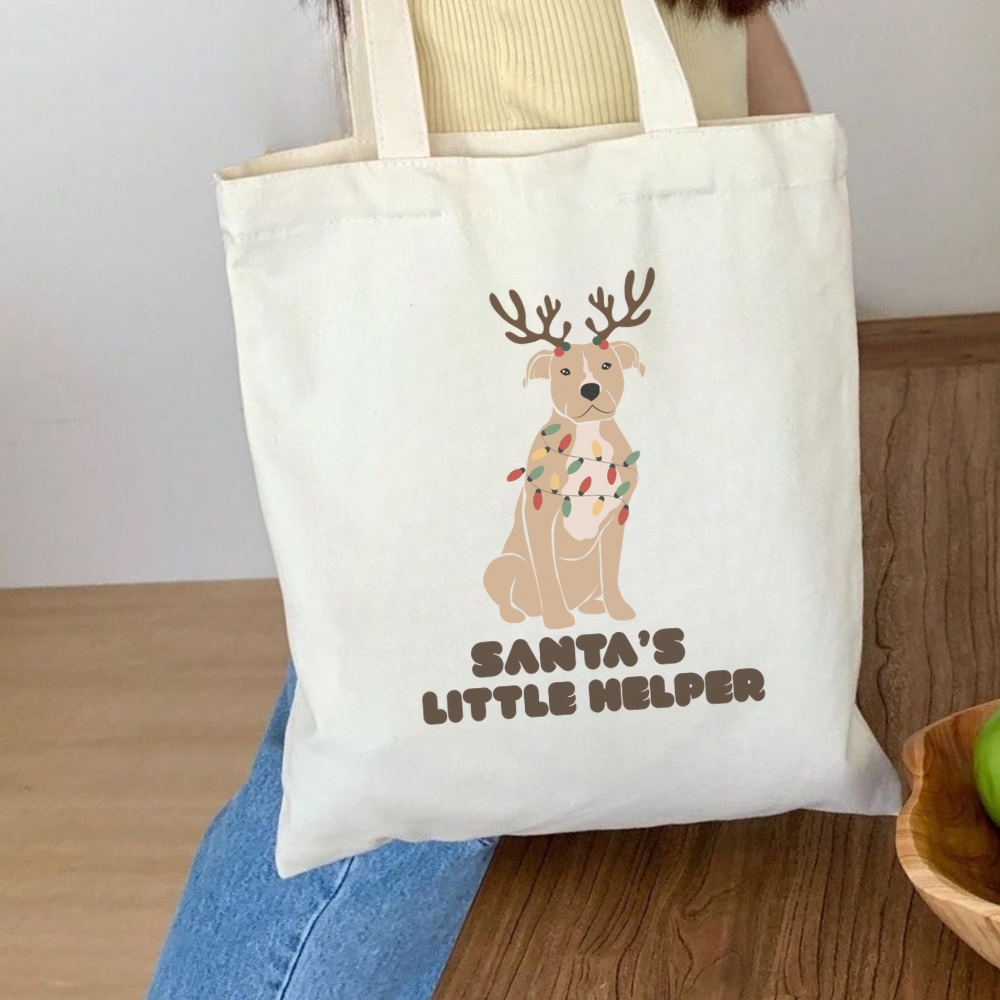 Santa’s Little Helper Tote Bag | Cute Christmas Dog Reindeer | Holiday Gift Eco Friendly Bag