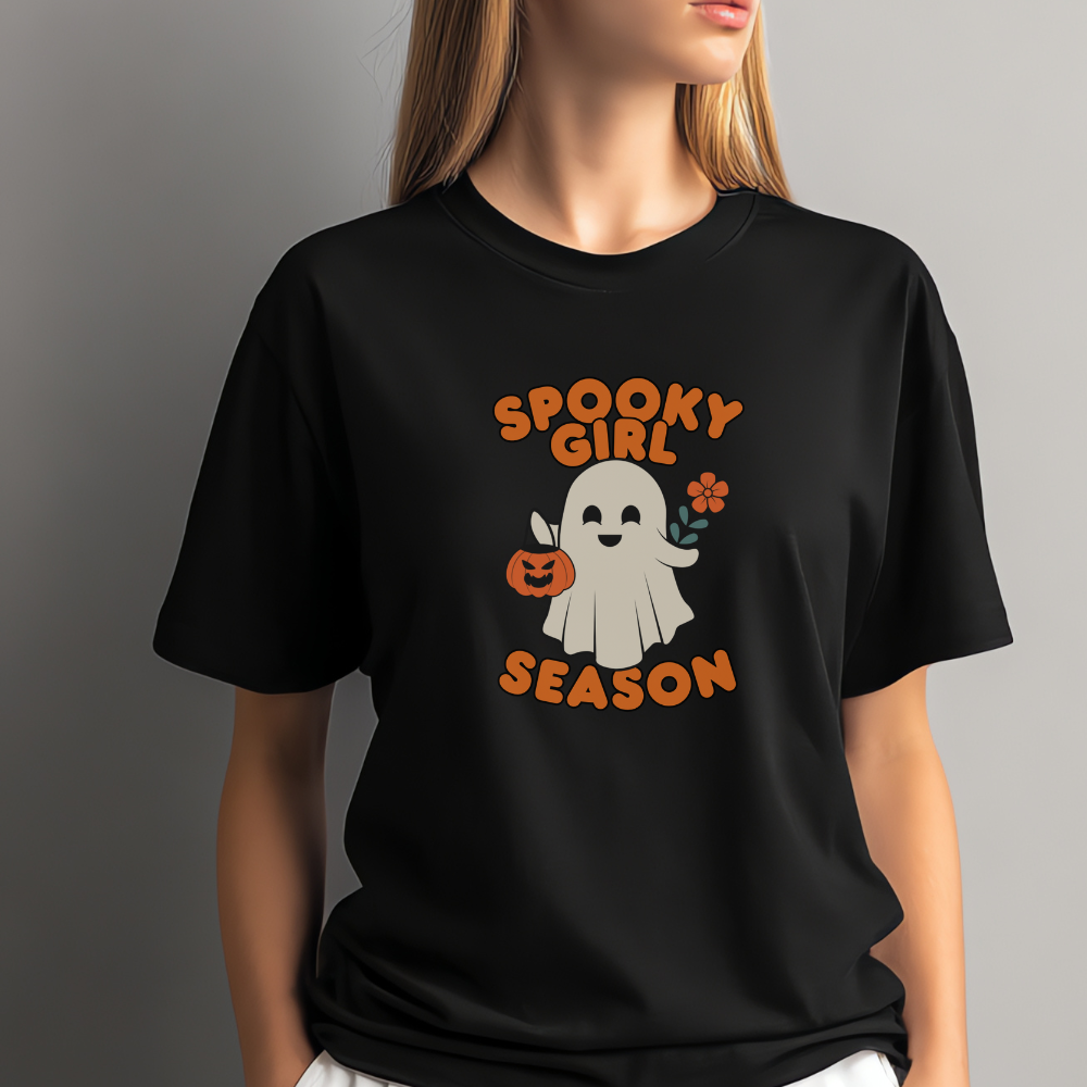 Spooky Girl Season T-Shirt with Cute Ghost | Halloween Graphic Tee | Fall Aesthetic Shirt for Women