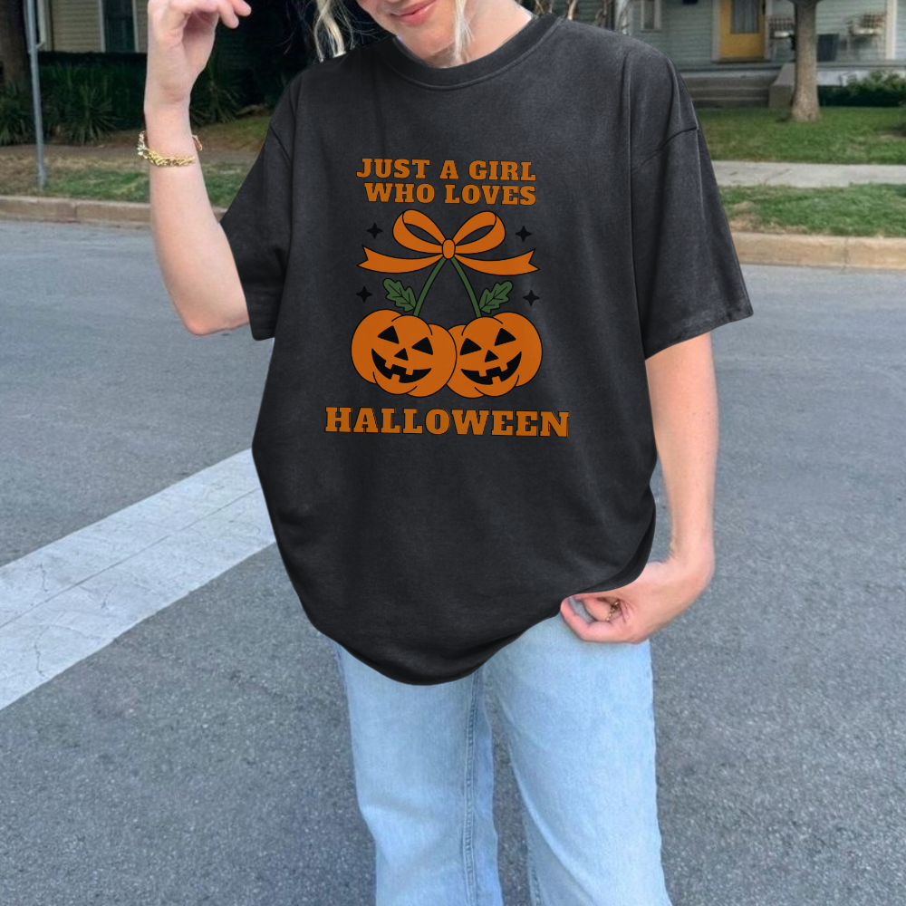 Just a Girl Who Loves Halloween T-Shirt | Coquette Pumpkin Cherries Aesthetic Fall Tee