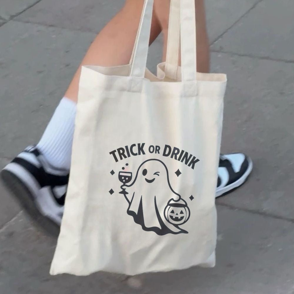 Trick or Drink Tote Bag – Halloween Party Bag, Reusable Canvas Bag, Funny Booze Tote, Spooky Gift Idea, Eco-Friendly Trick or Treat Bag