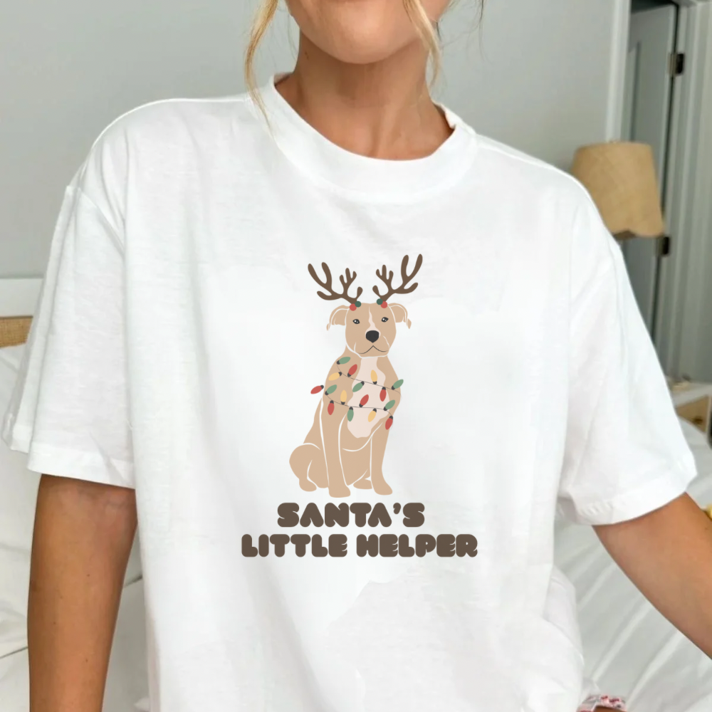 Santa’s Little Helper Christmas T-Shirt | Cute Dog Reindeer Holiday Graphic Tee