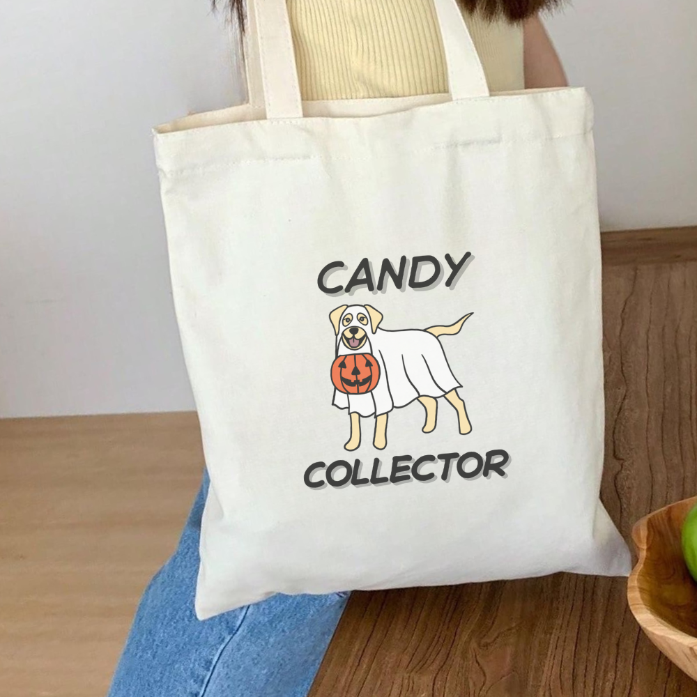 Candy Collector Tote Bag | Cute Ghost Dog Halloween Trick or Treat Bag | Spooky Season Reusable Tote | Dog Lover Gift